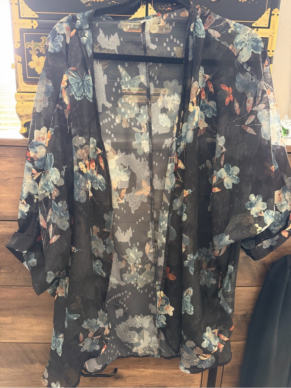 Sheer Floral Kimono Cardigan - Black with Blue Floral Print